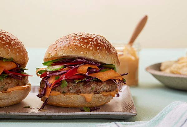Grilled Thai Chicken Burgers with tangy rainbow slaw and spicy mayo