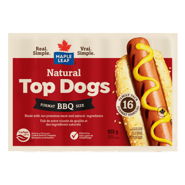 Saucisses fumées format barbecue Natural Top Dogs Maple Leaf