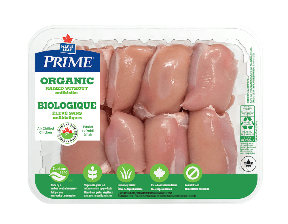 Hauts de cuisse de poulet biologique désossés, sans peau Prime de Maple Leaf