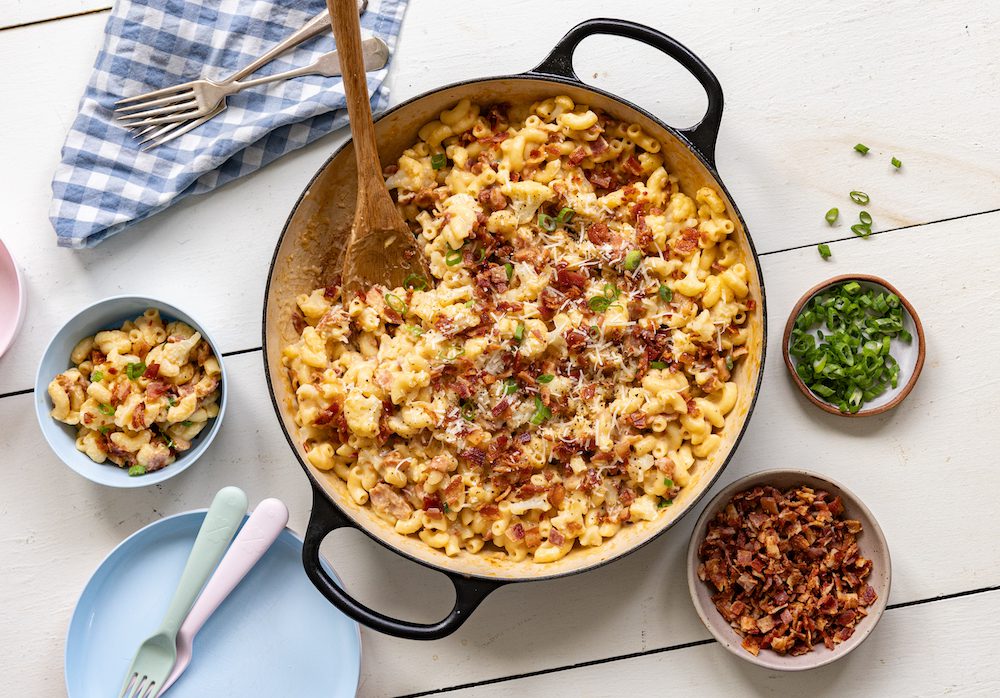 Macaroni au fromage, chou-fleur et bacon