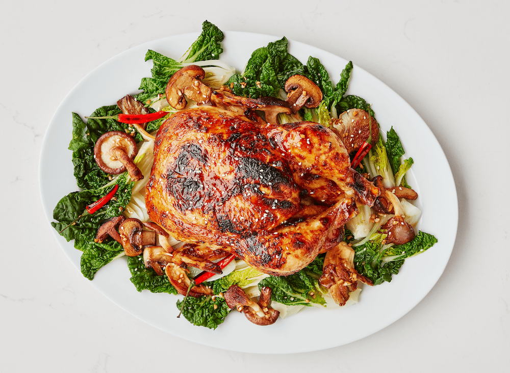 Asian Style Whole Roast Chicken with Baby Bok Choy and Mushrooms