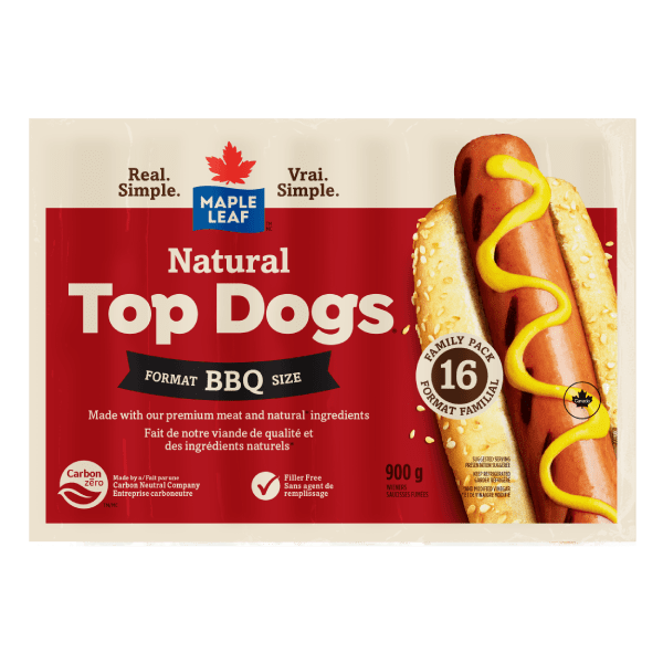 Maple Leaf® Natural Top Dogs™ BBQ format Hot Dogs – Family Size